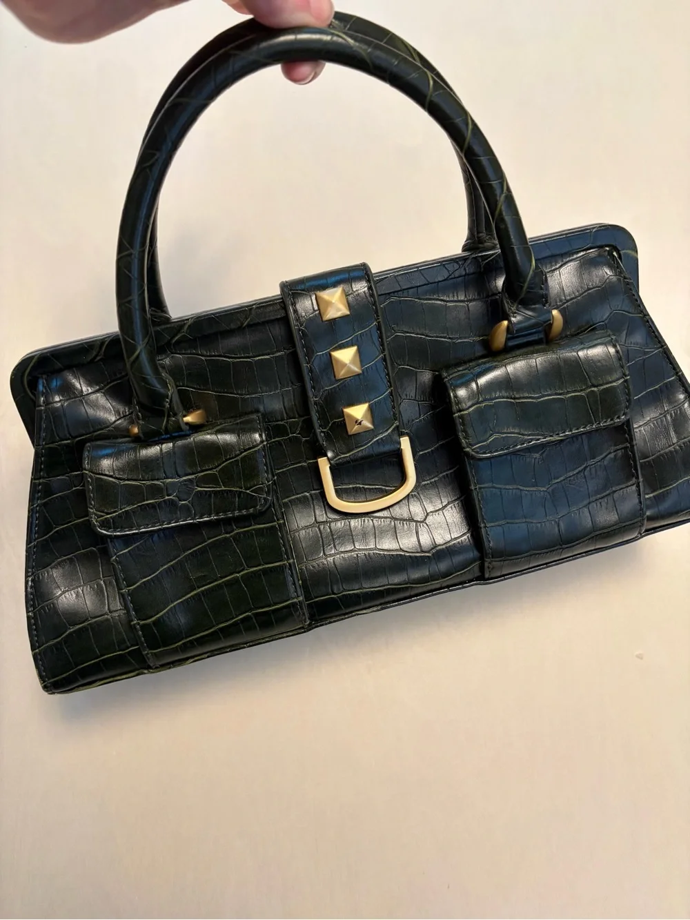 New York & Company Faux Crocodile Top-Handle Bag in Dark Green w/ Gold Hardware